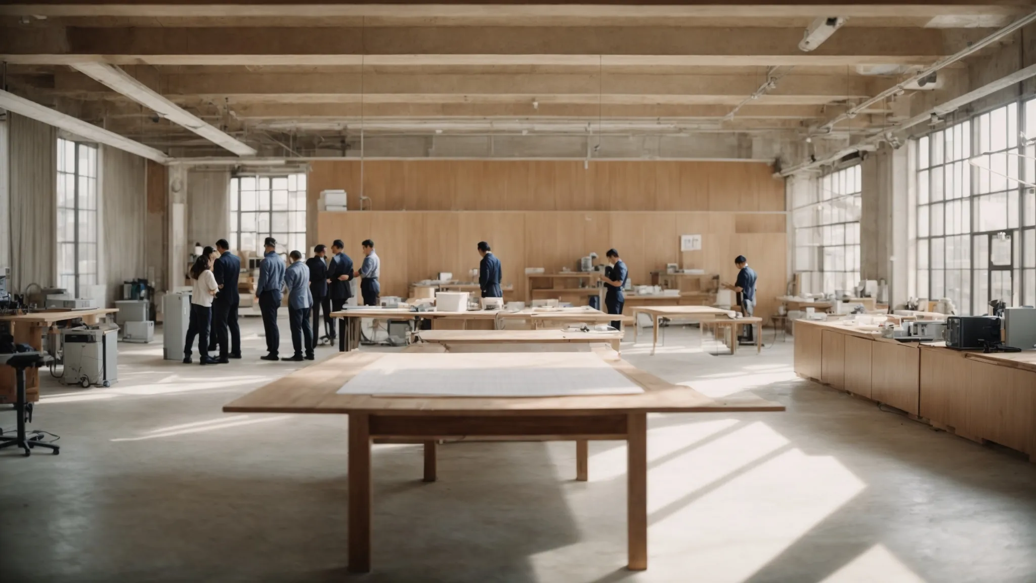 a spacious, well-lit room undergoing transformation with architects discussing over blueprints spread out on a table.