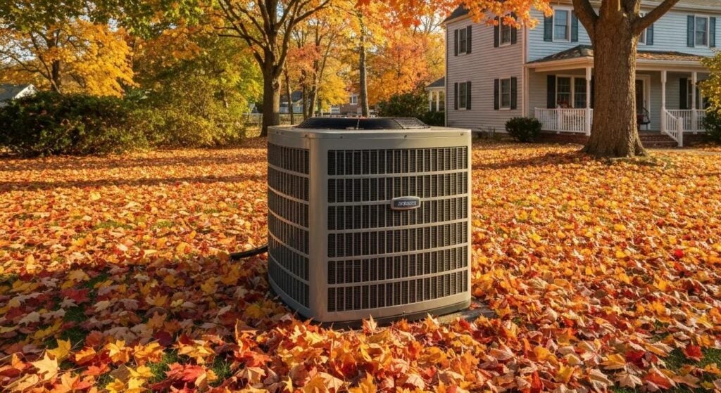HVAC unit in a New Jersey home surrounded by autumn leaves, emphasizing fall maintenance importance