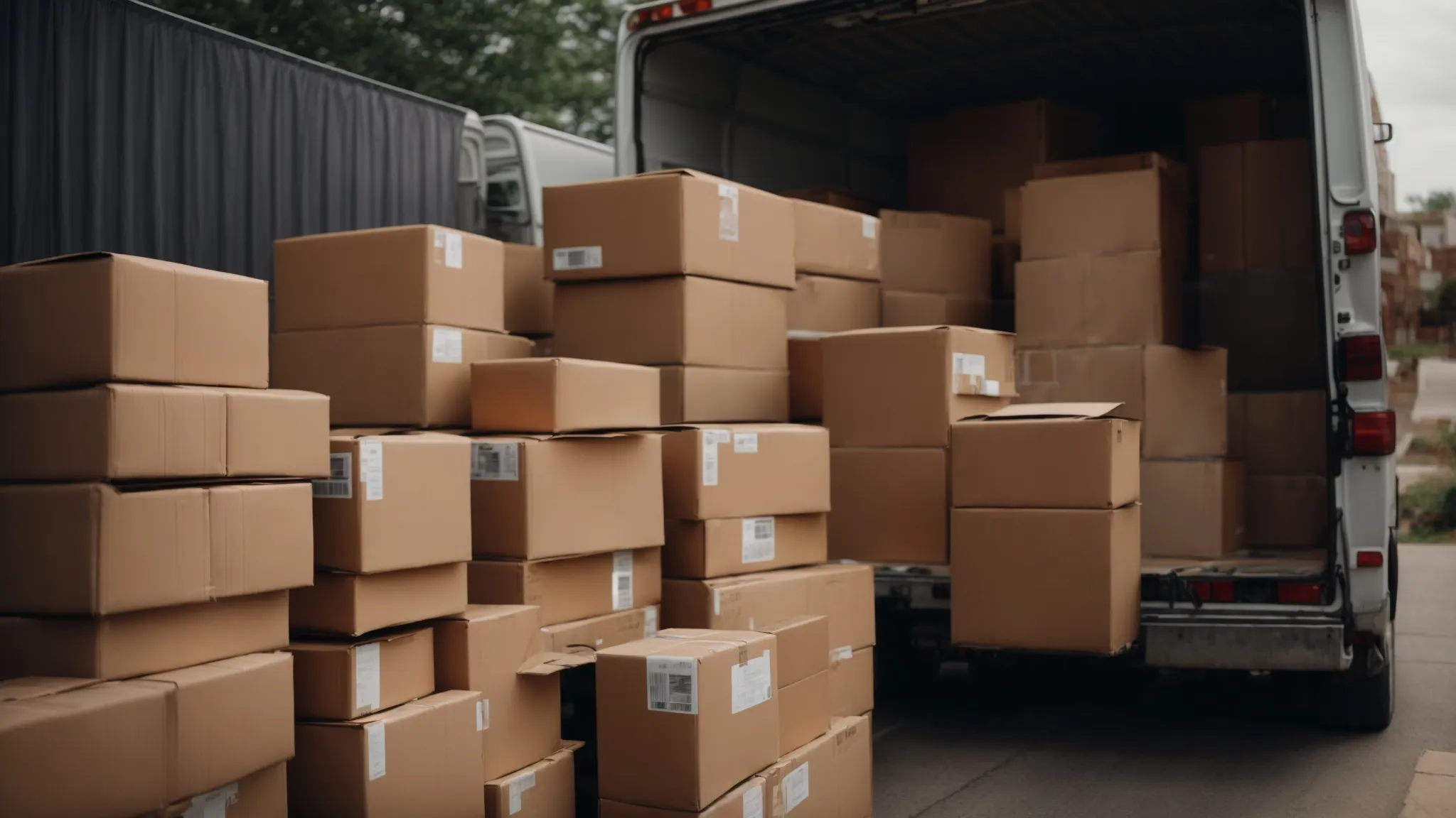 a stack of sealed cardboard boxes in the back of a moving truck, with an open door inviting the next load.